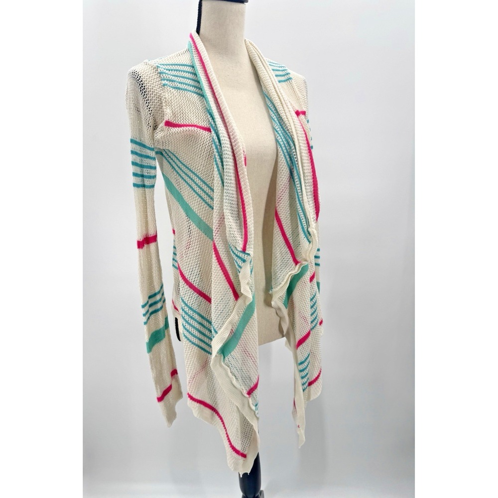VTG Y2K Say What Open Knit Crochet Striped Cardigan Asymmetrical Beachy Medium